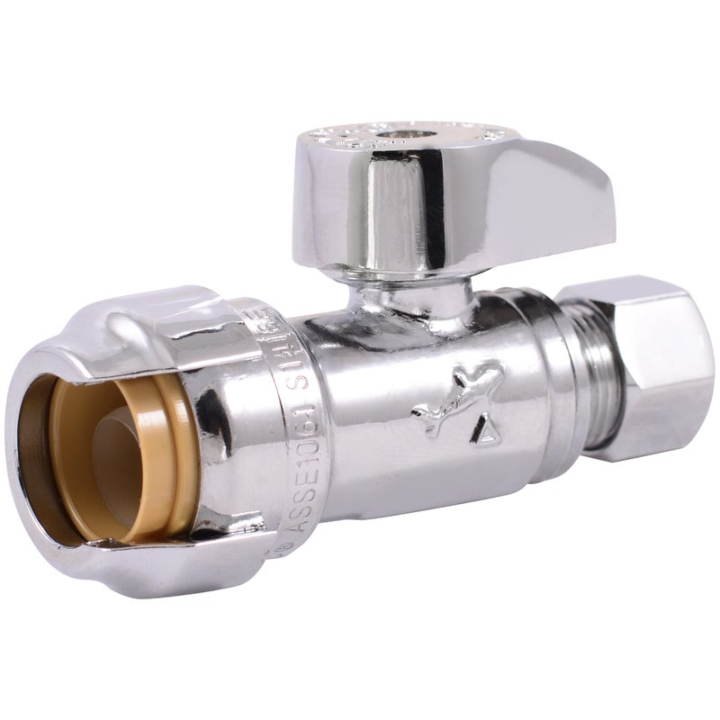 SharkBite 1/2 x 3/8 Inch Compression Straight Stop Valve, Quarter Turn, Push to Connect Brass Plumbing Fitting, PEX Pipe, Copper, CPVC, PE-RT, HDPE, 23037-0000LF - Image 1
